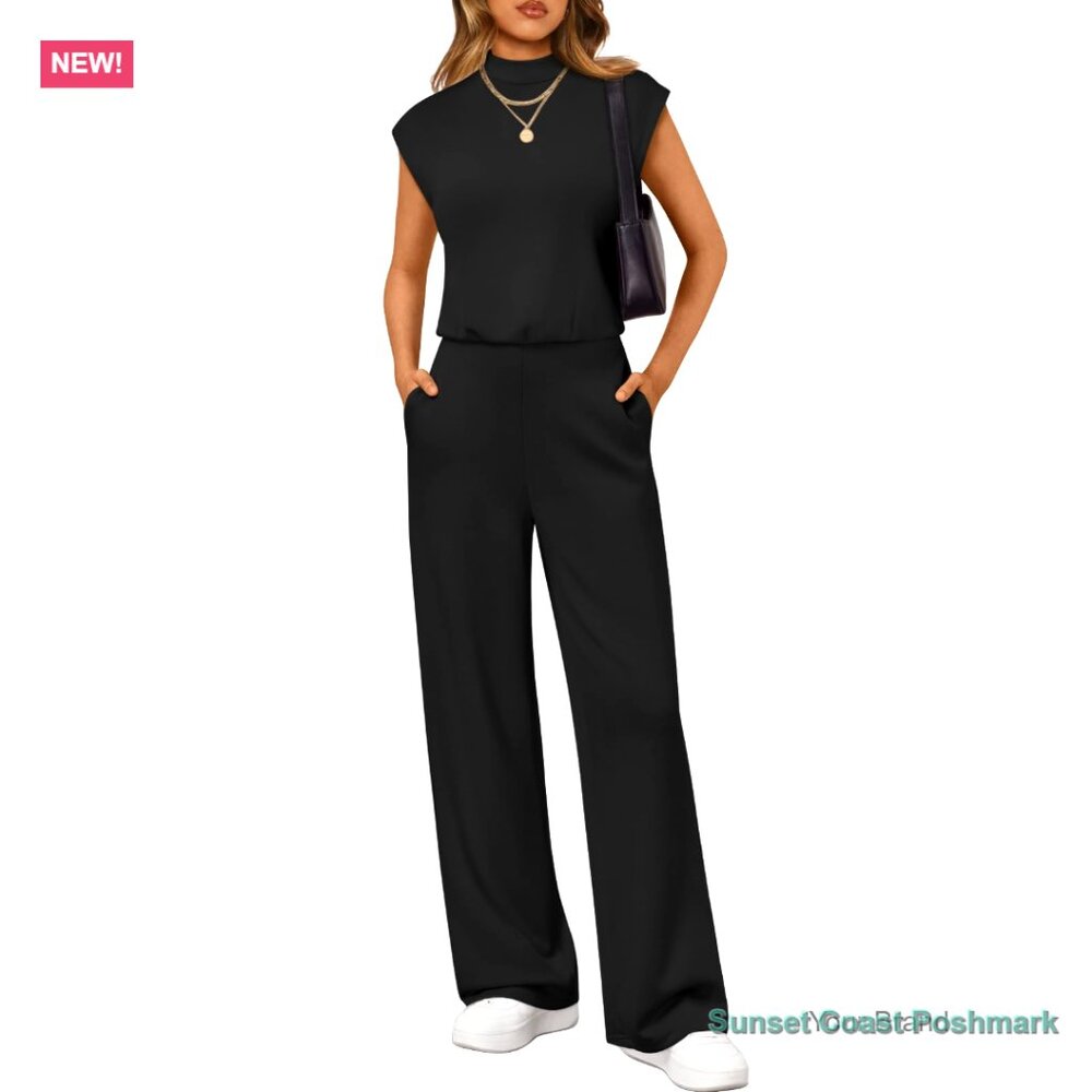 Mock Neck Jumpsuit with Pockets, Wide Leg Pant, Cap Sleeves